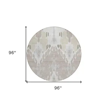 8' Ivory Beige And Taupe Round Ikat Washable Indoor Outdoor Area Rug