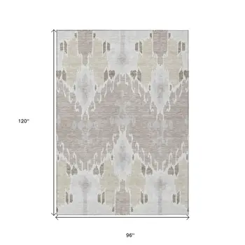 8' X 10' Ivory Beige And Taupe Ikat Washable Indoor Outdoor Area Rug