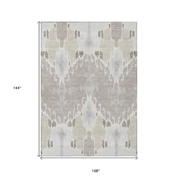 9' X 12' Ivory Beige And Taupe Ikat Washable Indoor Outdoor Area Rug