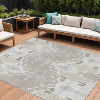 10' X 14' Ivory Beige And Taupe Ikat Washable Indoor Outdoor Area Rug