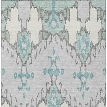 3' X 5' Mint Green Teal Blue And Ivory Ikat Washable Indoor Outdoor Area Rug