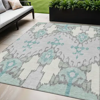 5' X 8' Mint Green Teal Blue And Ivory Ikat Washable Indoor Outdoor Area Rug