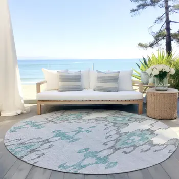 8' Mint Green Teal Blue And Ivory Round Ikat Washable Indoor Outdoor Area Rug
