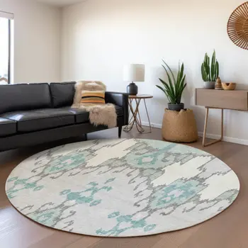 8' Mint Green Teal Blue And Ivory Round Ikat Washable Indoor Outdoor Area Rug