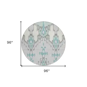 8' Mint Green Teal Blue And Ivory Round Ikat Washable Indoor Outdoor Area Rug