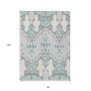 8' X 10' Mint Green Teal Blue And Ivory Ikat Washable Indoor Outdoor Area Rug