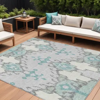 8' X 10' Mint Green Teal Blue And Ivory Ikat Washable Indoor Outdoor Area Rug