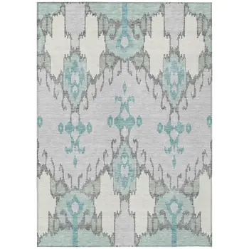 8' X 10' Mint Green Teal Blue And Ivory Ikat Washable Indoor Outdoor Area Rug