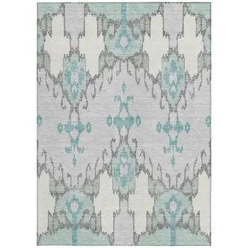 8' X 10' Mint Green Teal Blue And Ivory Ikat Washable Indoor Outdoor Area Rug