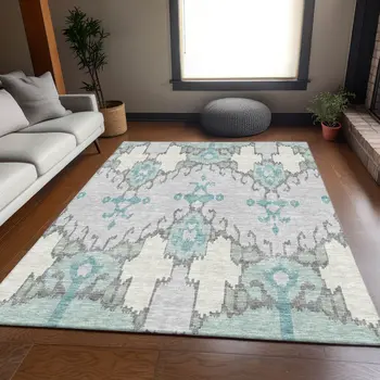 8' X 10' Mint Green Teal Blue And Ivory Ikat Washable Indoor Outdoor Area Rug