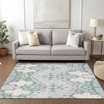 8' X 10' Mint Green Teal Blue And Ivory Ikat Washable Indoor Outdoor Area Rug