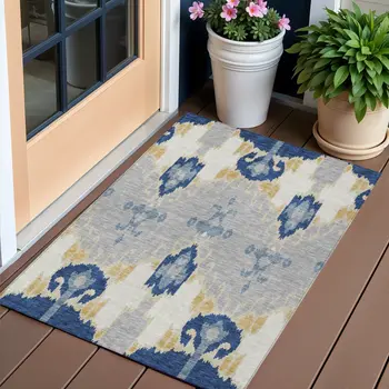 3' X 5' Navy Blue Ivory And Gray Ikat Washable Indoor Outdoor Area Rug