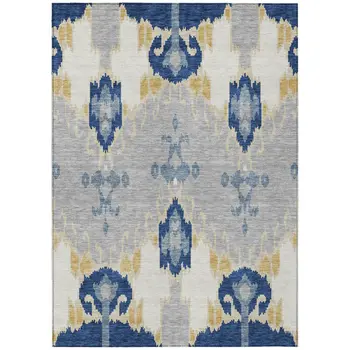 3' X 5' Navy Blue Ivory And Gray Ikat Washable Indoor Outdoor Area Rug