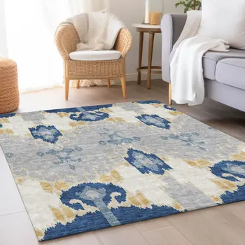 3' X 5' Navy Blue Ivory And Gray Ikat Washable Indoor Outdoor Area Rug