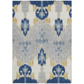 5' X 8' Navy Blue Ivory And Gray Ikat Washable Indoor Outdoor Area Rug
