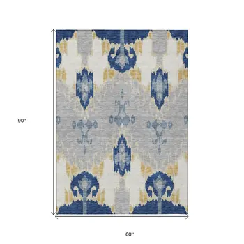 5' X 8' Navy Blue Ivory And Gray Ikat Washable Indoor Outdoor Area Rug