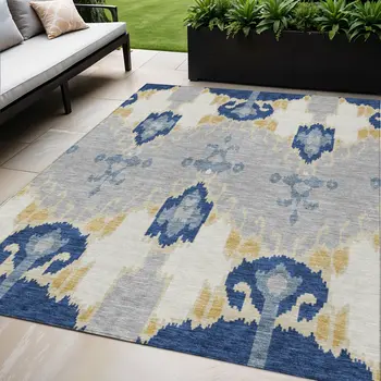 5' X 8' Navy Blue Ivory And Gray Ikat Washable Indoor Outdoor Area Rug