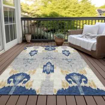 5' X 8' Navy Blue Ivory And Gray Ikat Washable Indoor Outdoor Area Rug