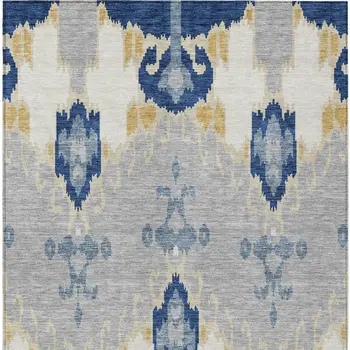 5' X 8' Navy Blue Ivory And Gray Ikat Washable Indoor Outdoor Area Rug