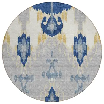 8' Navy Blue Ivory And Gray Round Ikat Washable Indoor Outdoor Area Rug