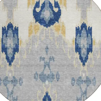 8' Navy Blue Ivory And Gray Round Ikat Washable Indoor Outdoor Area Rug