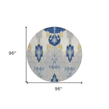 8' Navy Blue Ivory And Gray Round Ikat Washable Indoor Outdoor Area Rug