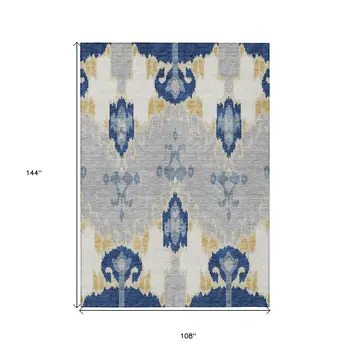 9' X 12' Navy Blue Ivory And Gray Ikat Washable Indoor Outdoor Area Rug