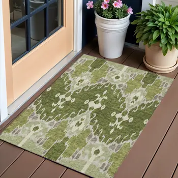 3' X 5' Olive Green And Artichoke Green Ikat Washable Indoor Outdoor Area Rug