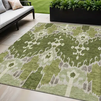5' X 8' Olive Green And Artichoke Green Ikat Washable Indoor Outdoor Area Rug
