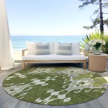 8' Olive Green And Artichoke Green Round Ikat Washable Indoor Outdoor Area Rug