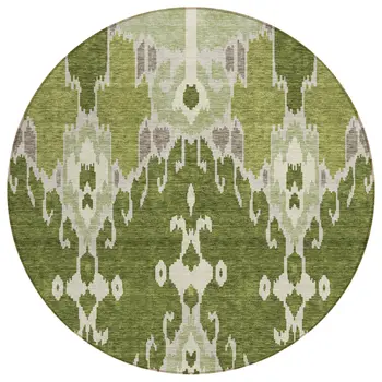 8' Olive Green And Artichoke Green Round Ikat Washable Indoor Outdoor Area Rug