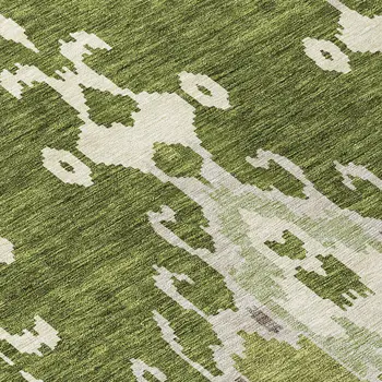 8' Olive Green And Artichoke Green Round Ikat Washable Indoor Outdoor Area Rug