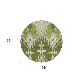 8' Olive Green And Artichoke Green Round Ikat Washable Indoor Outdoor Area Rug