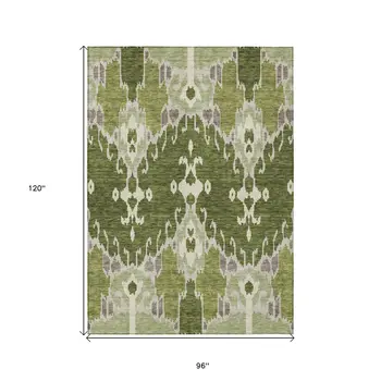 8' X 10' Olive Green And Artichoke Green Ikat Washable Indoor Outdoor Area Rug