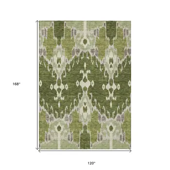 10' X 14' Olive Green And Artichoke Green Ikat Washable Indoor Outdoor Area Rug