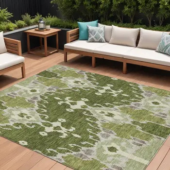 10' X 14' Olive Green And Artichoke Green Ikat Washable Indoor Outdoor Area Rug