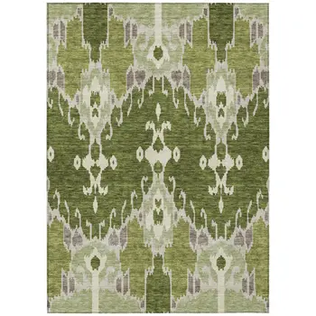 10' X 14' Olive Green And Artichoke Green Ikat Washable Indoor Outdoor Area Rug