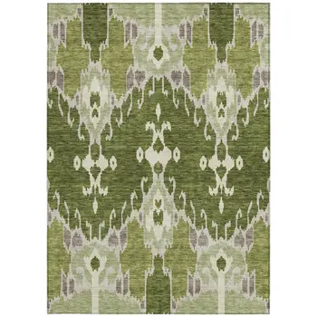 10' X 14' Olive Green And Artichoke Green Ikat Washable Indoor Outdoor Area Rug