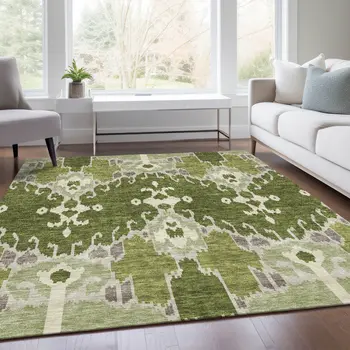 10' X 14' Olive Green And Artichoke Green Ikat Washable Indoor Outdoor Area Rug