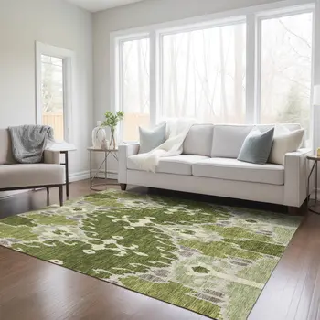 10' X 14' Olive Green And Artichoke Green Ikat Washable Indoor Outdoor Area Rug