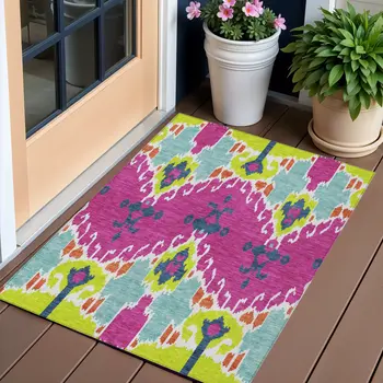 3' X 5' Pink Lime Green And Orange Ikat Washable Indoor Outdoor Area Rug