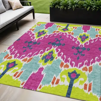 5' X 8' Pink Lime Green And Orange Ikat Washable Indoor Outdoor Area Rug