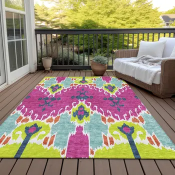 5' X 8' Pink Lime Green And Orange Ikat Washable Indoor Outdoor Area Rug