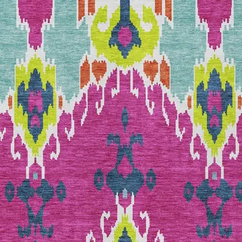 5' X 8' Pink Lime Green And Orange Ikat Washable Indoor Outdoor Area Rug