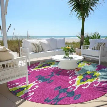 8' Pink Lime Green And Orange Round Ikat Washable Indoor Outdoor Area Rug