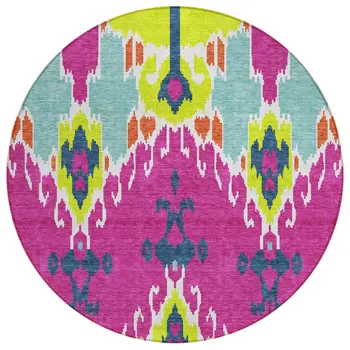 8' Pink Lime Green And Orange Round Ikat Washable Indoor Outdoor Area Rug