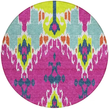 8' Pink Lime Green And Orange Round Ikat Washable Indoor Outdoor Area Rug