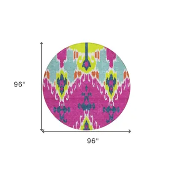 8' Pink Lime Green And Orange Round Ikat Washable Indoor Outdoor Area Rug