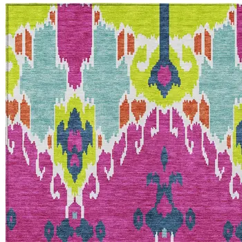 8' X 10' Pink Lime Green And Orange Ikat Washable Indoor Outdoor Area Rug
