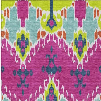 9' X 12' Pink Lime Green And Orange Ikat Washable Indoor Outdoor Area Rug